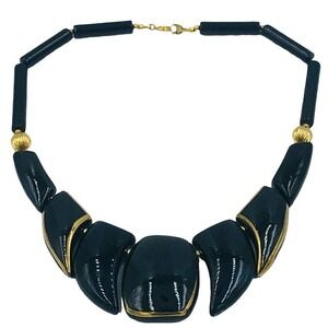 Japan Geometric Black Lucite Gold Tone Collar Vintage 1980s Beaded Necklace 17"